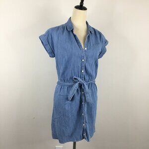 J. CREW Factory Cuff Sleeve Blue Med/Light Wash Belted Chambray Button Dress